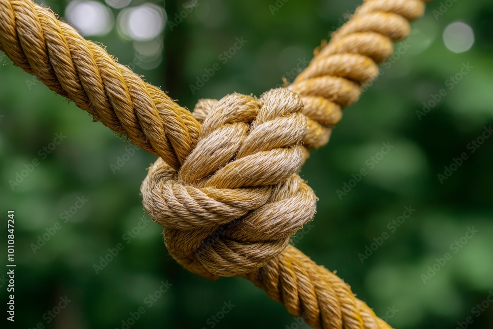 Two ropes interlocked with tight knots, focus on resilience, teamwork and bond concept Two ropes interlocked with tight knots, focus on resilience, teamwork and bond concept