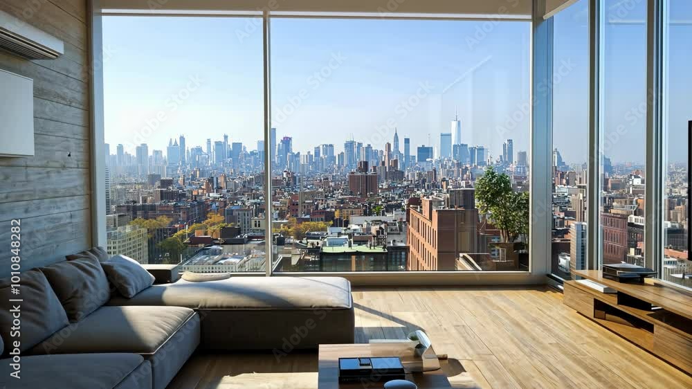A modern living room with a large sectional sofa overlooking the New ...