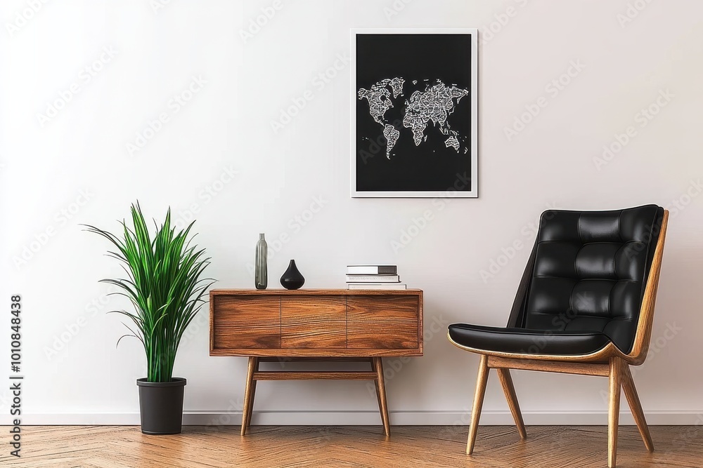 Elegant minimalist room with black map art, wooden furniture, and green plant against white walls. Elegant minimalist room with black map art, wooden furniture, and green plant against white walls.