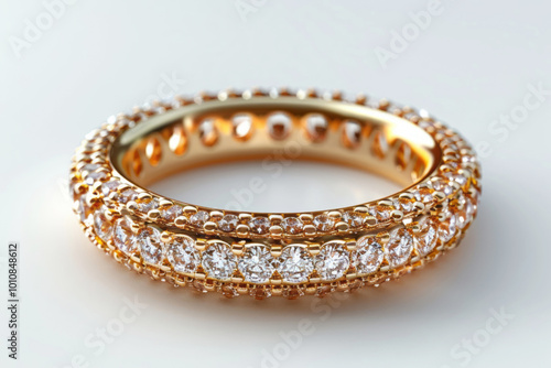 A 3D illustration of a golden ring with diamonds on a white background, without any shadow or reflection and no light source from the top left corner. photo