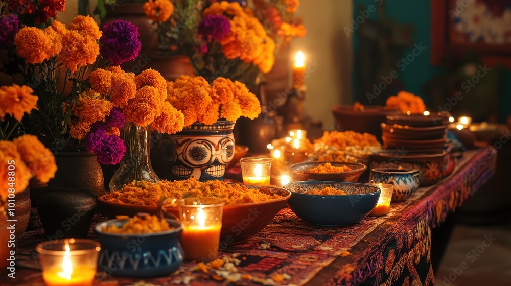Vibrant Dia de los Muertos Celebration with Marigolds and Candles Vibrant Dia de los Muertos Celebration with Marigolds and Candles