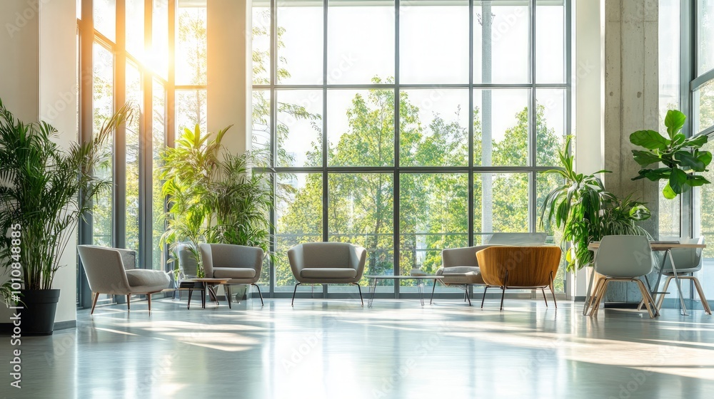 Φωτογραφία Bright airy lounge with modern furniture, surrounded by lush greenery, large windows allowing natural light to flood in, creating a serene and inviting atmosphere