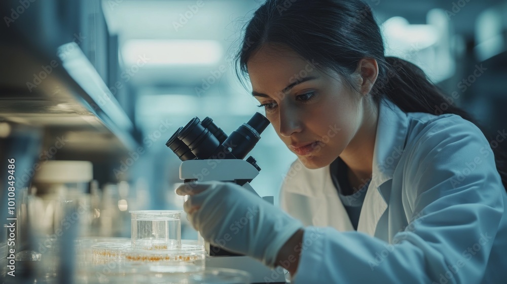 Fototapeta premium Scientist Examining Specimen with Microscope