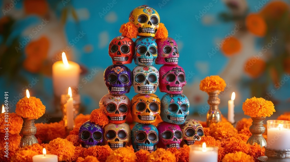 Fototapeta premium Vibrant Dia de los Muertos Celebration with Colorful Sugar Skulls
