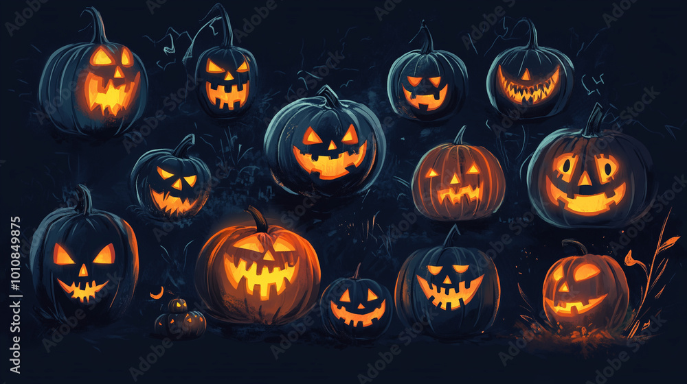 Generative AI illustration of illuminated carved pumpkins with different evil faces in darkness at Halloween night
Generative AI illustration of illuminated carved pumpkins with different evil faces in darkness at Halloween night