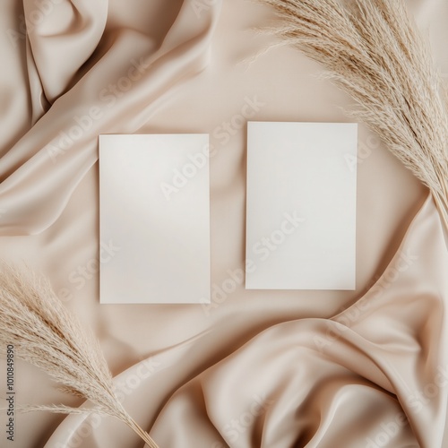 Two holiday, wedding blank cards on a beige background with dry pampas grass, beige silk fabric, and a boho aesthetic. Vertical card mockup template for wedding invitation, menu, branding design photo