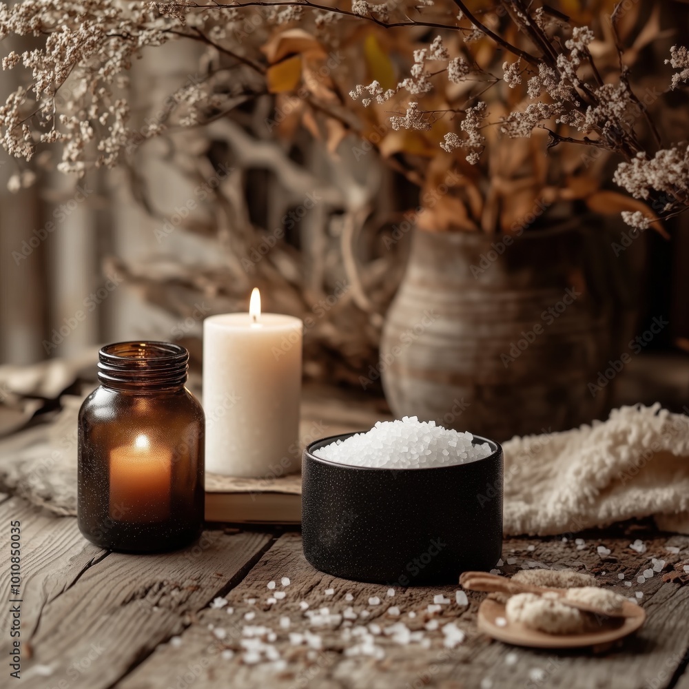 Still life with bottles, dried flower, burning candle, bath salt in bowl. Background in brown tones. Peaceful warm atmosphere, boho style, witchy occult moody living room. Cozy place wallpaper Still life with bottles, dried flower, burning candle, bath salt in bowl. Background in brown tones. Peaceful warm atmosphere, boho style, witchy occult moody living room. Cozy place wallpaper