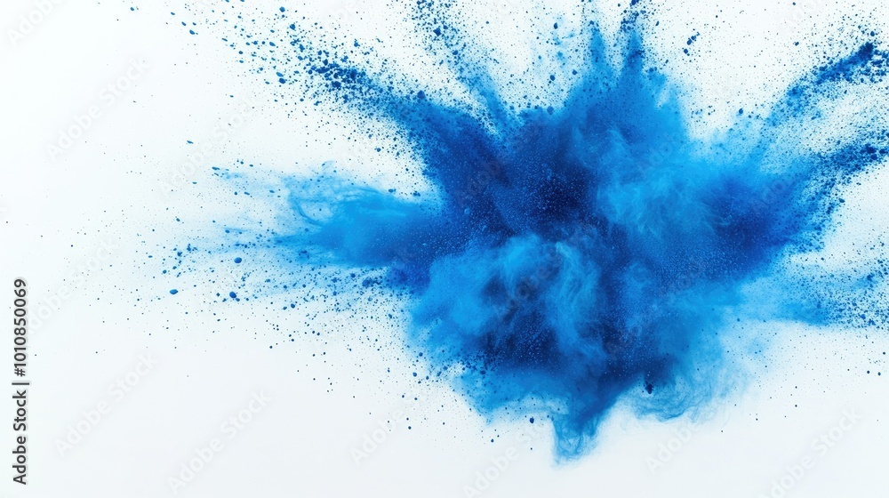Bright blue powder explosion caught in mid-motion, spreading across a white background with dynamic movement and vibrant, saturated color. Perfect for abstract artwork. Bright blue powder explosion caught in mid-motion, spreading across a white background with dynamic movement and vibrant, saturated color. Perfect for abstract artwork.