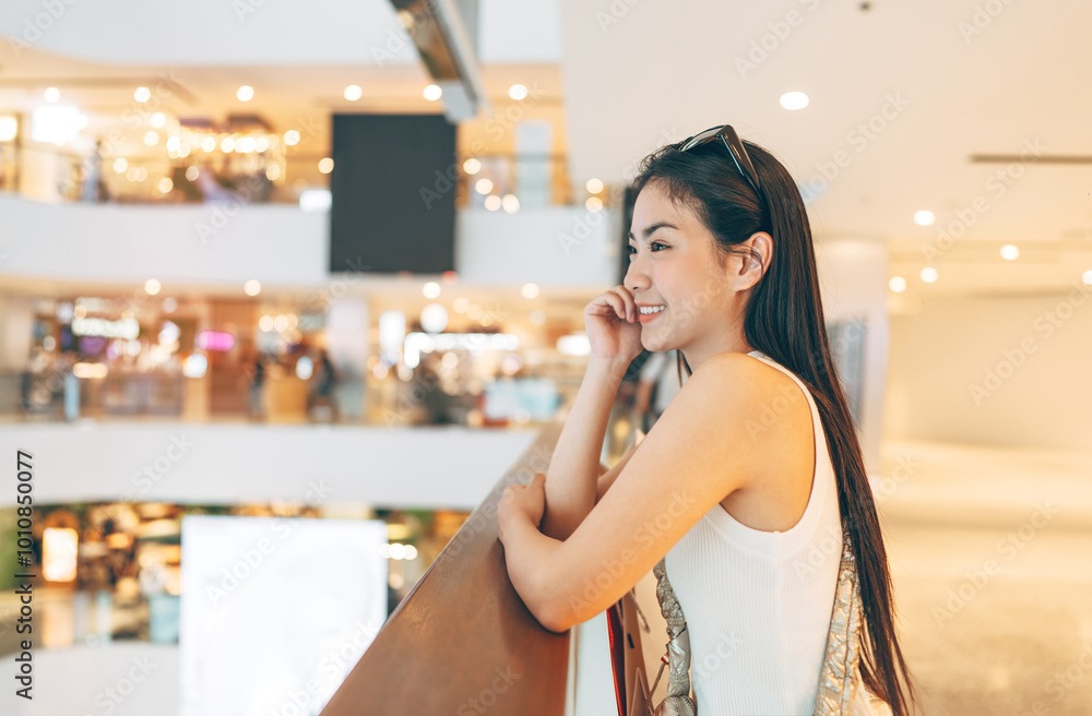Asian woman happy smile face at indoors department store gen z city lifestyles Asian woman happy smile face at indoors department store gen z city lifestyles