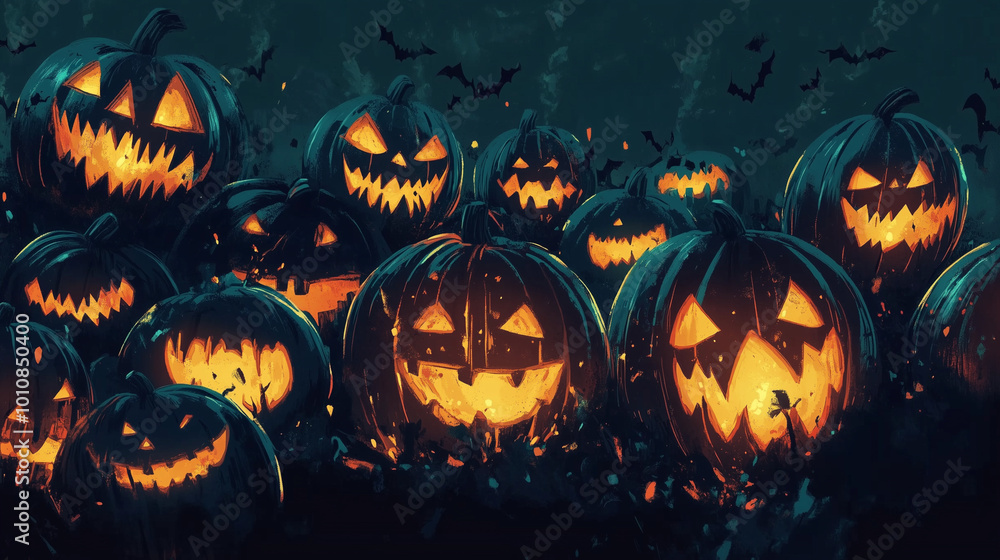 Generative AI illustration of illuminated carved pumpkins with different evil faces in darkness at Halloween night
Generative AI illustration of illuminated carved pumpkins with different evil faces in darkness at Halloween night