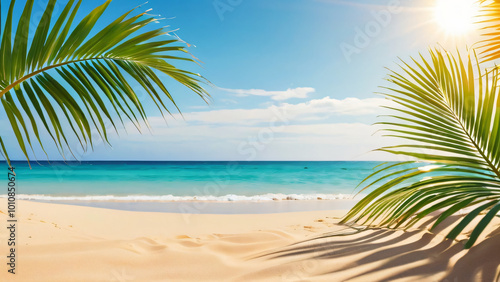 Summer and Travel concept design. Clean landscape of sea and beach. Beautiful nature palm leaf on tropical beach with sun light abstract background with copy space.