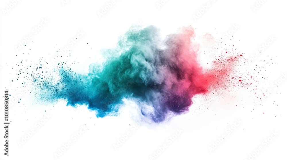 Brightly colored powder clouds exploding in vivid blues, greens, and reds, isolated on white. Suitable for festival promotions, Holi events, or creative abstract wallpapers. Brightly colored powder clouds exploding in vivid blues, greens, and reds, isolated on white. Suitable for festival promotions, Holi events, or creative abstract wallpapers.