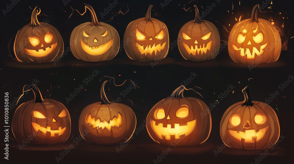 Generative AI illustration of illuminated carved pumpkins with different evil faces in darkness at Halloween night
Generative AI illustration of illuminated carved pumpkins with different evil faces in darkness at Halloween night
