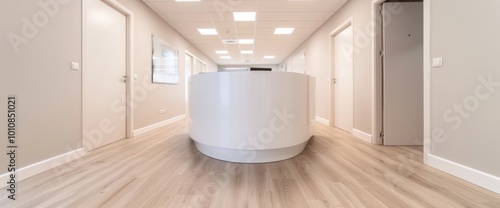 A large white room with a long hallway and a large white desk in the middle