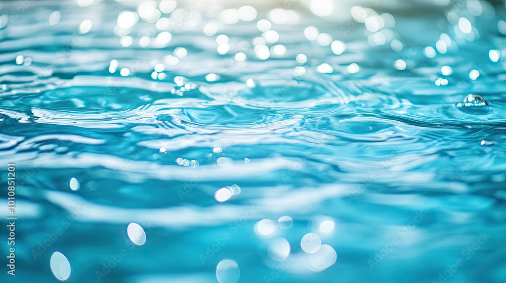 Clear blue water surface with tiny ripples, soft blurred texture, and light reflection patterns. Bubbles and splashes create gentle disturbances on the calm water. Clear blue water surface with tiny ripples, soft blurred texture, and light reflection patterns. Bubbles and splashes create gentle disturbances on the calm water.