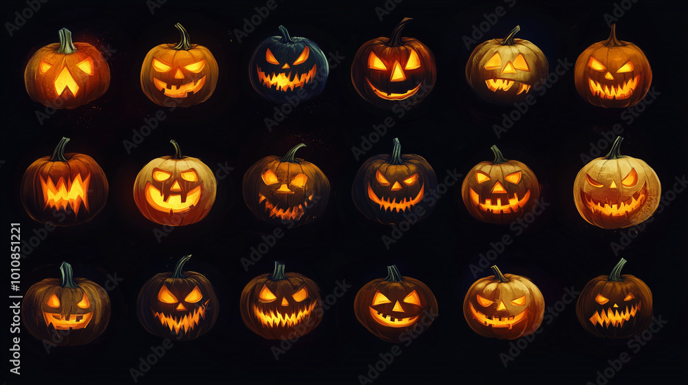 Generative AI illustration of illuminated carved pumpkins with different evil faces in darkness at Halloween night
Generative AI illustration of illuminated carved pumpkins with different evil faces in darkness at Halloween night