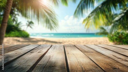 Close-up of a wooden table with blurred coconut trees and a sandy beach in the background, evoking a sunny tropical paradise.