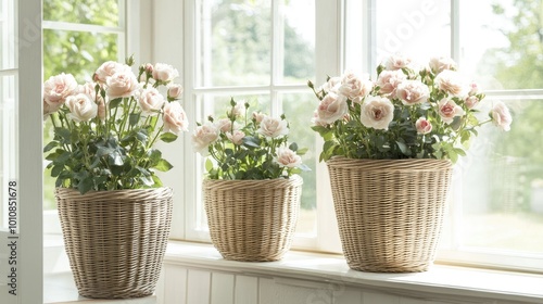 Close-up of blooming roses in modern wicker baskets, set by a large window in a bright and airy room. Perfect for showcasing the beauty of homegrown flowers.