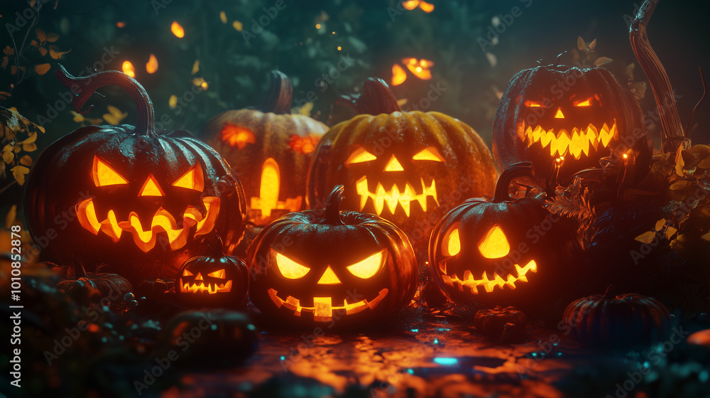 Generative AI illustration of illuminated carved pumpkins with different evil faces in darkness at Halloween night
Generative AI illustration of illuminated carved pumpkins with different evil faces in darkness at Halloween night
