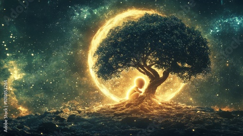 A glowing, ethereal embryo sits beneath a large tree, bathed in a surreal celestial light. The scene evokes themes of life, growth, and the universe, blending fantasy with cosmic elements.. AI photo