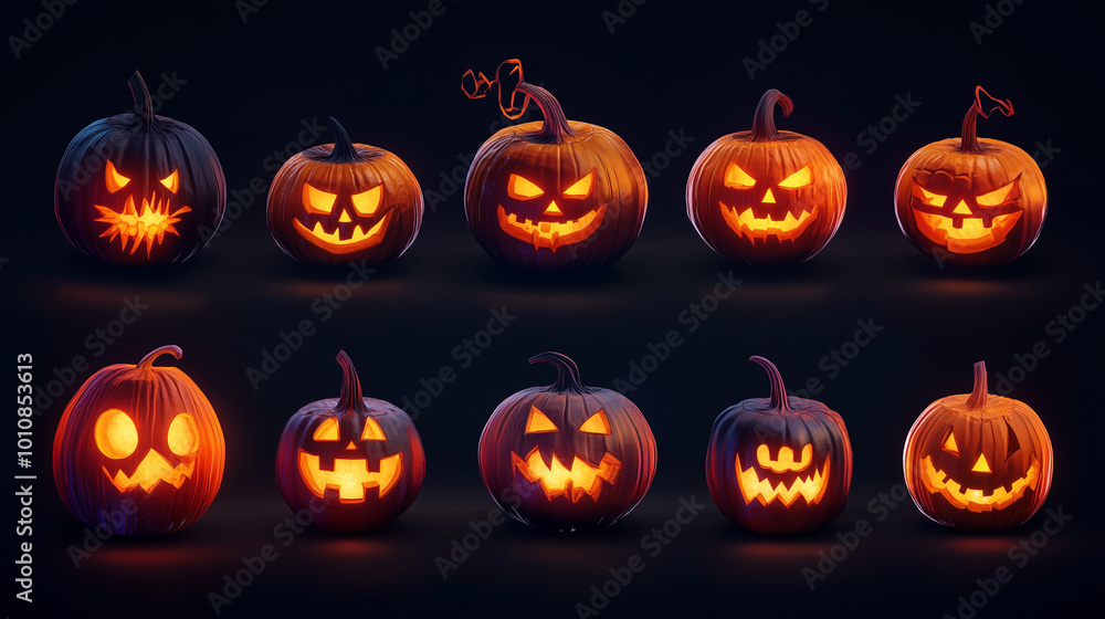 Generative AI illustration of illuminated carved pumpkins with different evil faces in darkness at Halloween night
Generative AI illustration of illuminated carved pumpkins with different evil faces in darkness at Halloween night