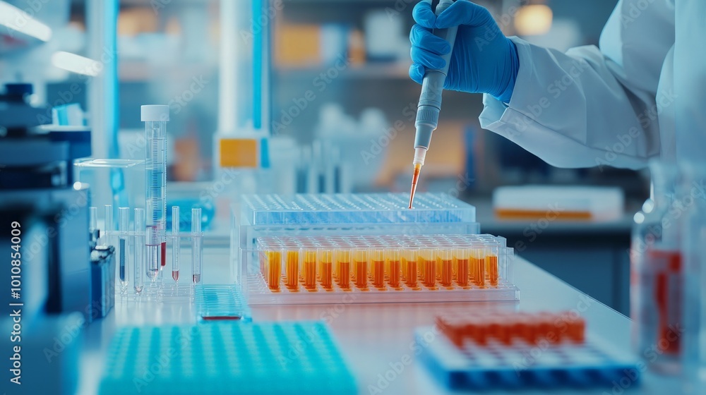 Laboratory Sample Preparation, a scientist uses a pipette to transfer liquid into test tubes, showcasing meticulous research practices in a vibrant lab environment. Laboratory Sample Preparation, a scientist uses a pipette to transfer liquid into test tubes, showcasing meticulous research practices in a vibrant lab environment.