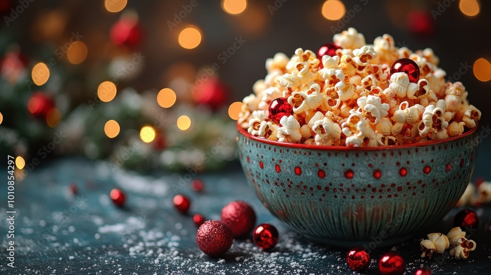 Festive bowl of popcorn with decorations and holiday lights. Festive bowl of popcorn with decorations and holiday lights.