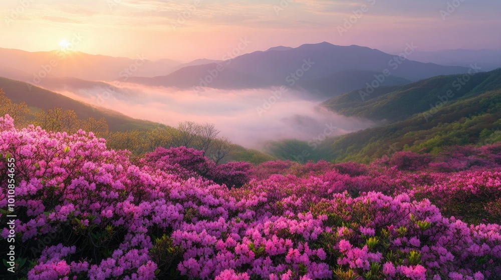 Early morning fog blankets the mountains near Hapcheon-gun, as pink azaleas bloom across Hwangmaesan Mountain under the golden light of sunrise. Early morning fog blankets the mountains near Hapcheon-gun, as pink azaleas bloom across Hwangmaesan Mountain under the golden light of sunrise.