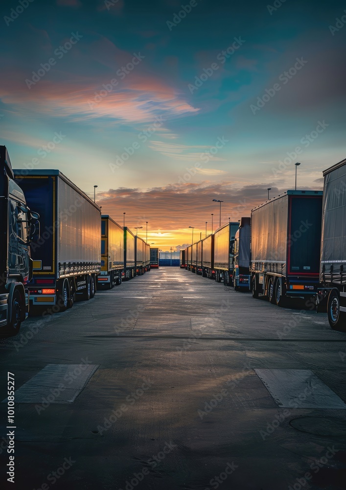 Obraz premium A fleet of cargo trucks parked in a lot, ready for transportation as the sun rises over the horizon.
