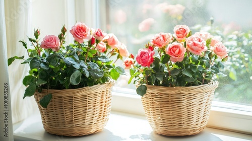 Elegant indoor roses in stylish wicker baskets by the window, soaking in sunlight. The perfect balance of home gardening and modern decor.