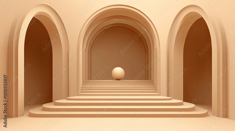 Minimalist archway interior design with a single sphere in the center of a podium. Minimalist archway interior design with a single sphere in the center of a podium.