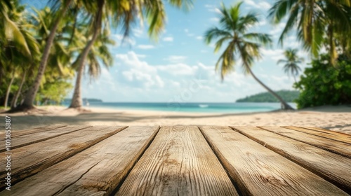 Empty wooden table with a blurred summer beach and tall coconut trees in the background, creating a relaxing tropical setting.