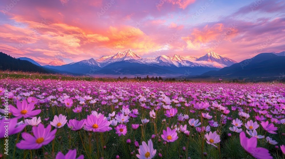 Obraz premium Expansive cosmos flower field during sunset, bathed in warm light with snow-capped mountains looming in the background under a colorful, tranquil sky.