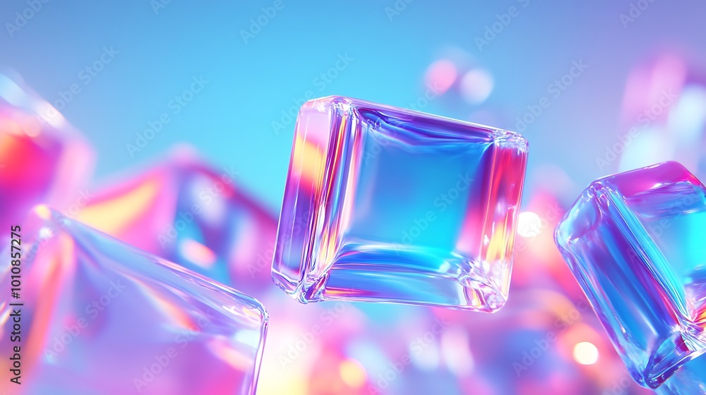 Abstract floating holographic cubes with vibrant colors against a blue background. Abstract floating holographic cubes with vibrant colors against a blue background.