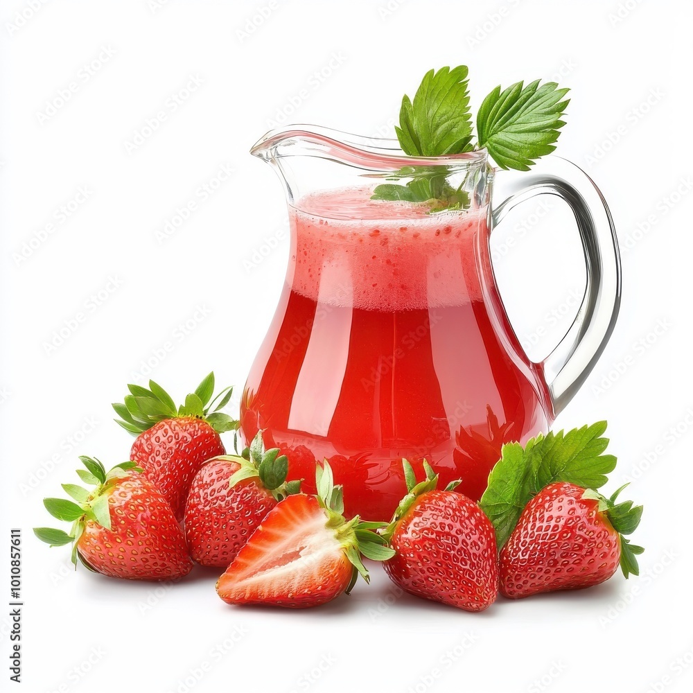 Jug of strawberry juice with fresh fruits, casual and inviting, isolated on white. Jug of strawberry juice with fresh fruits, casual and inviting, isolated on white.