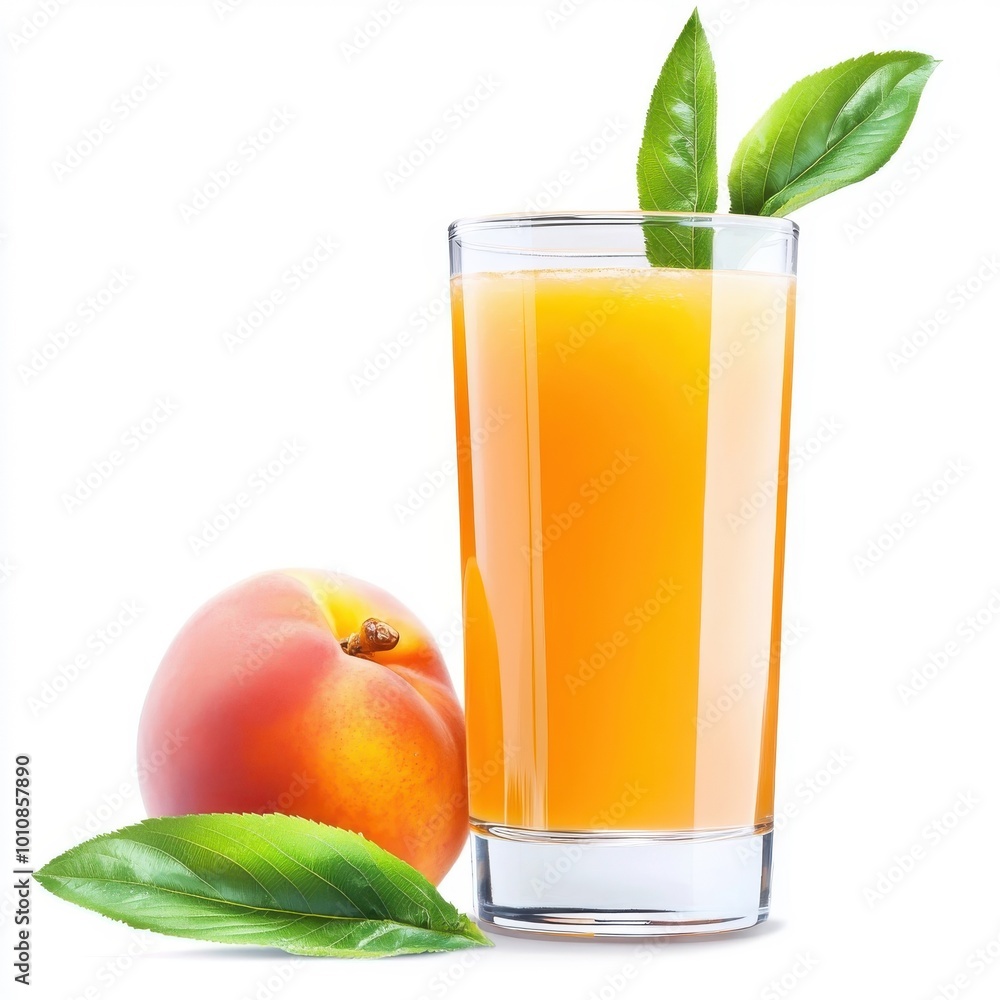 Peach juice in a glass, vibrant orange against a white background. Peach juice in a glass, vibrant orange against a white background.