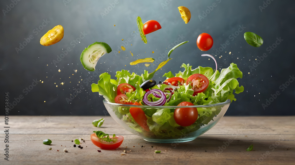 Fresh salad with flying vegetables ingredients Fresh salad with flying vegetables ingredients