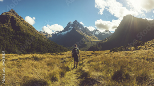 A hiker explores the majestic mountains and lush valleys of New Zealand on a sunny day