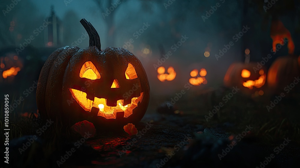 Glowing pumpkins in the dark fog, their flickering lights casting spooky shadows in a mysterious, horror-filled Halloween atmosphere. Glowing pumpkins in the dark fog, their flickering lights casting spooky shadows in a mysterious, horror-filled Halloween atmosphere.