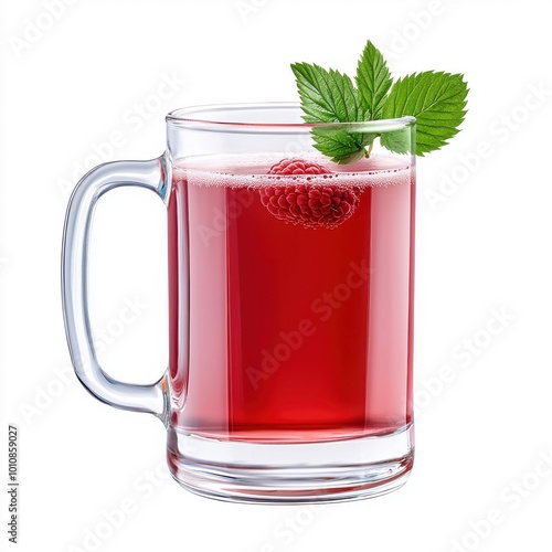 Raspberry juice served in a glass with handle, isolated on white background for an inviting look.