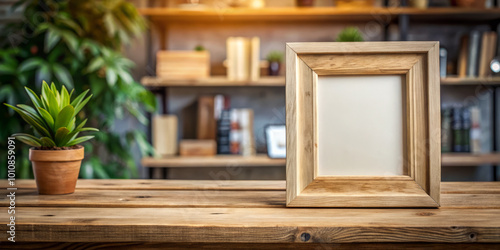 wooden frame is prominently displayed on modern wooden shelf  surrounded by greenery and books  creating warm and inviting atmosphere