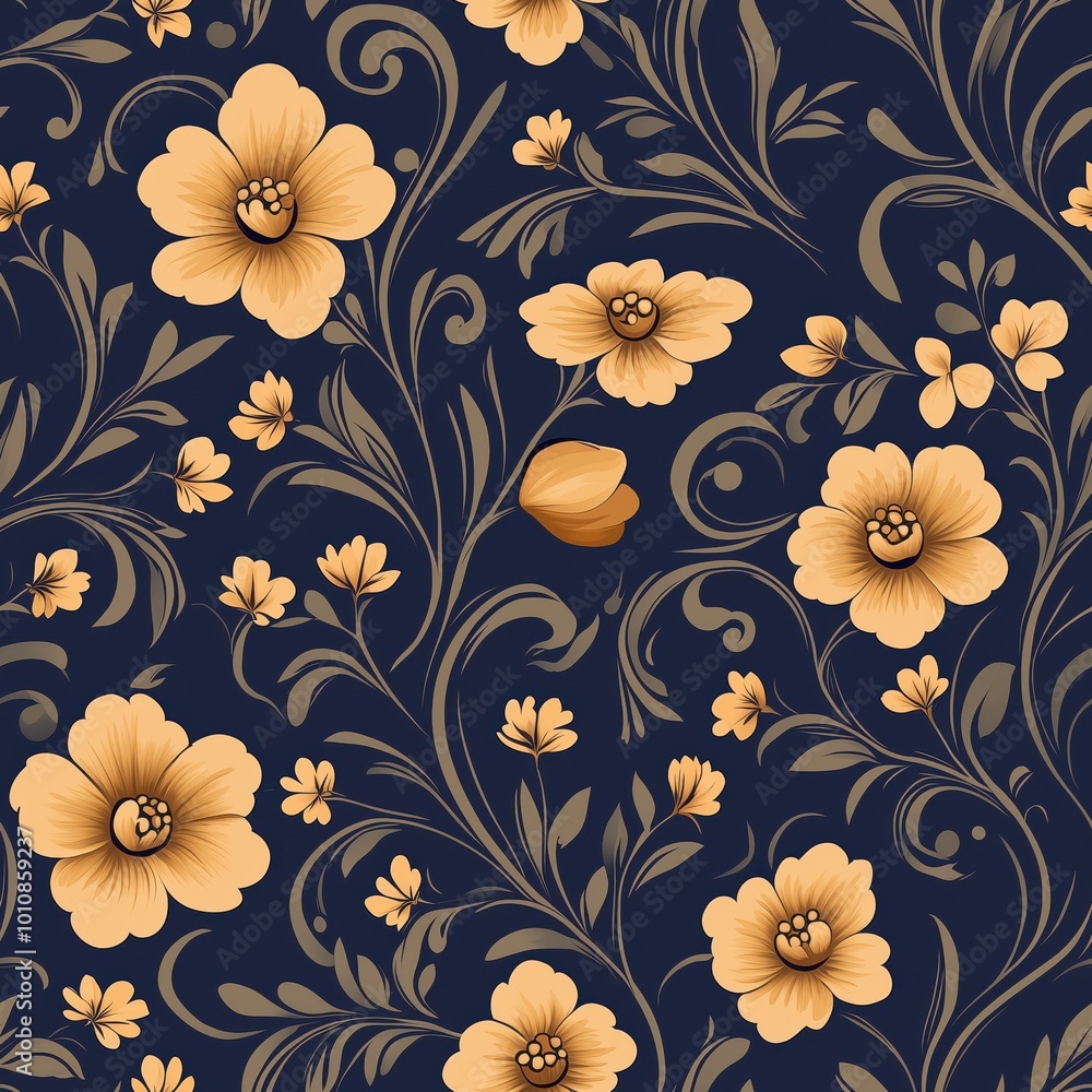 Elegant Floral Pattern with Golden Yellow Flowers and Olive Green Leaves on a Dark Blue Background, Featuring Delicate Swirling Vines and Blossoms in a Classic and Sophisticated Design Elegant Floral Pattern with Golden Yellow Flowers and Olive Green Leaves on a Dark Blue Background, Featuring Delicate Swirling Vines and Blossoms in a Classic and Sophisticated Design