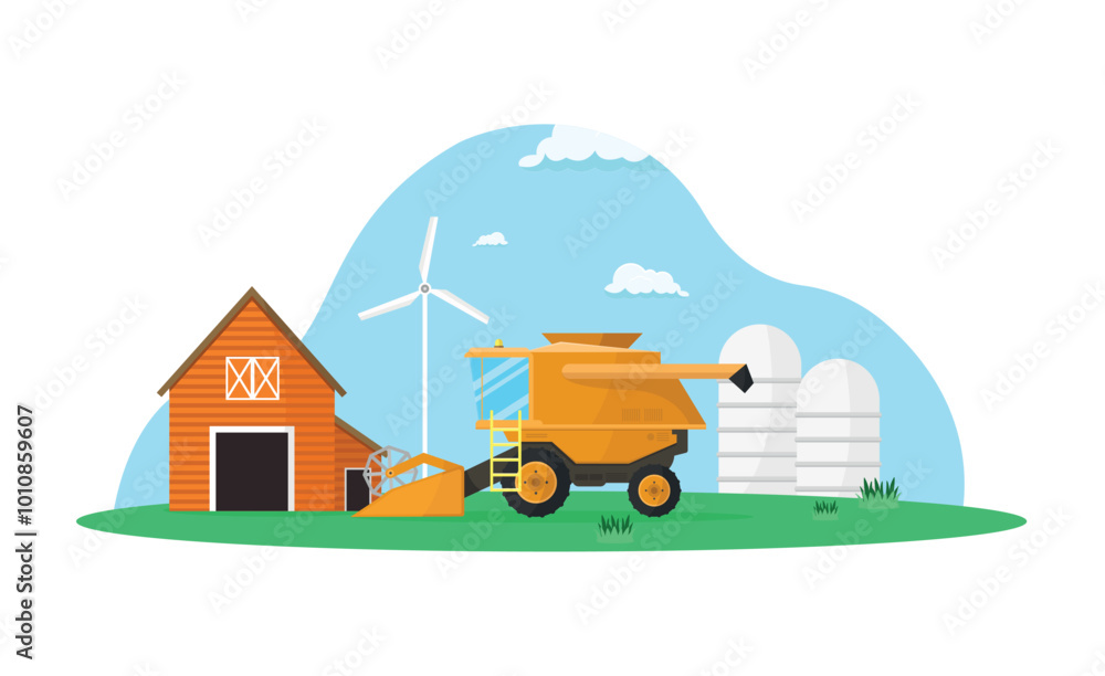 Naklejka premium Farmhouse and combine harvester. Agriculture and farming concept.