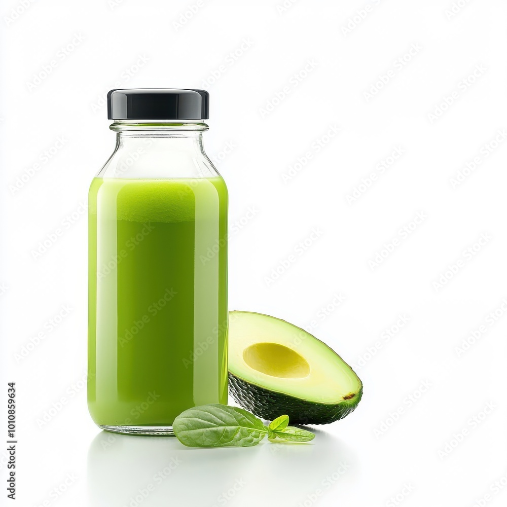 Bottle of avocado juice, fresh and ready to enjoy, isolated on white background for easy access and visibility. Bottle of avocado juice, fresh and ready to enjoy, isolated on white background for easy access and visibility.