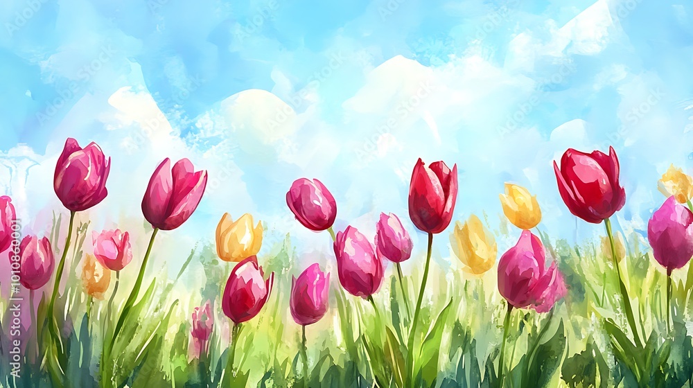 Watercolor Painting of Tulips in a Field. Watercolor Painting of Tulips in a Field.