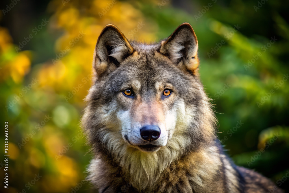 Majestic wolf with striking amber eyes, showcasing its thick fur against vibrant natural backdrop. image captures essence of wilderness and beauty Majestic wolf with striking amber eyes, showcasing its thick fur against vibrant natural backdrop. image captures essence of wilderness and beauty