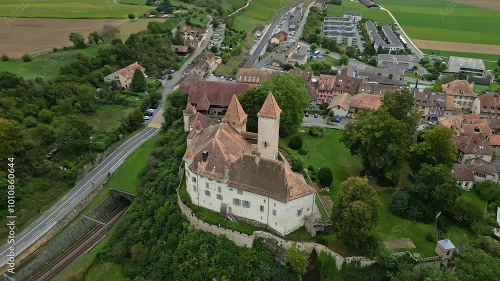 Orbit drone shot close to La Sarraz Castle in Vaud Switzerland Orbit drone shot close to La Sarraz Castle in Vaud Switzerland