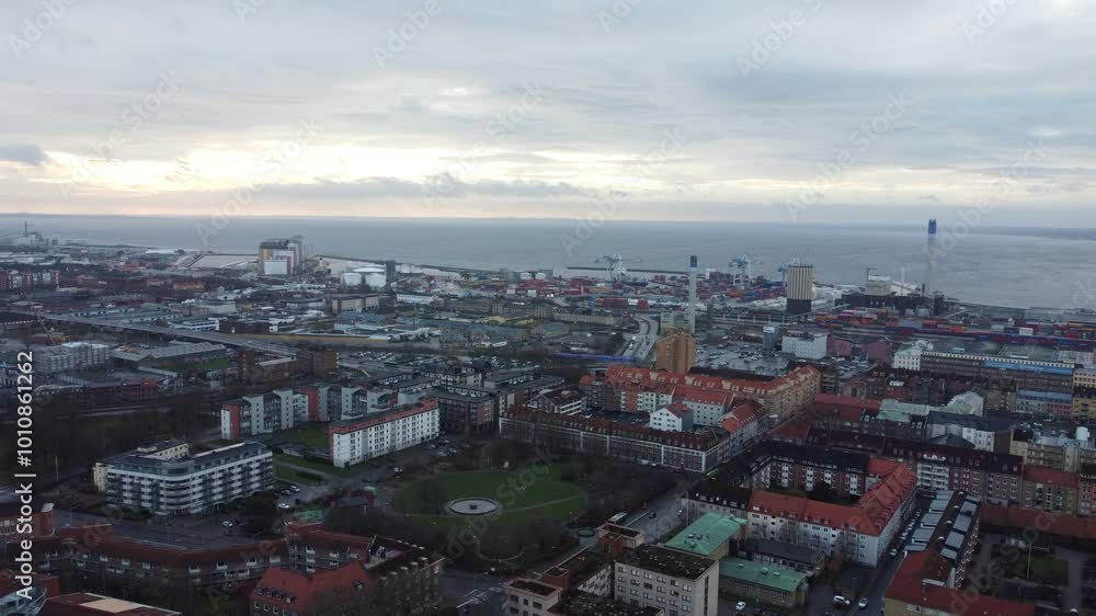 Helsingborg, Sweden: drone flying over the famous district of Söder where many workers housing were built in the past Helsingborg, Sweden: drone flying over the famous district of Söder where many workers housing were built in the past