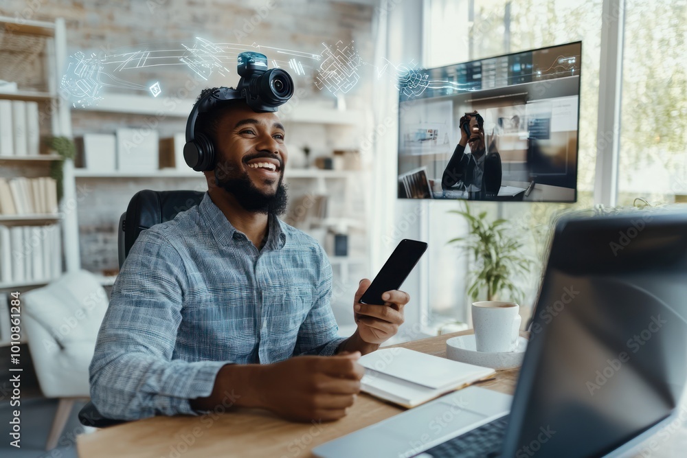 Smiling man with headphones and camera on his head working on a laptop and looking at his phone Smiling man with headphones and camera on his head working on a laptop and looking at his phone