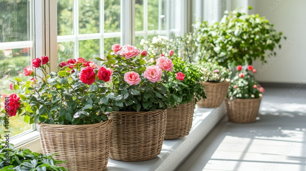 Indoor garden featuring roses and green plants in stylish wicker baskets. The large windows allow ample light, nurturing the plantsaegrowth. Indoor garden featuring roses and green plants in stylish wicker baskets. The large windows allow ample light, nurturing the plantsaegrowth.